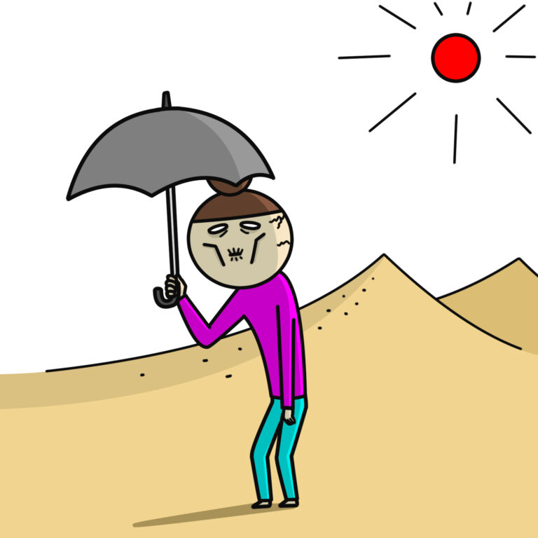 砂漠で日傘をさす干からびた女性