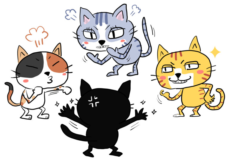 縄張り争いをする4匹の猫
