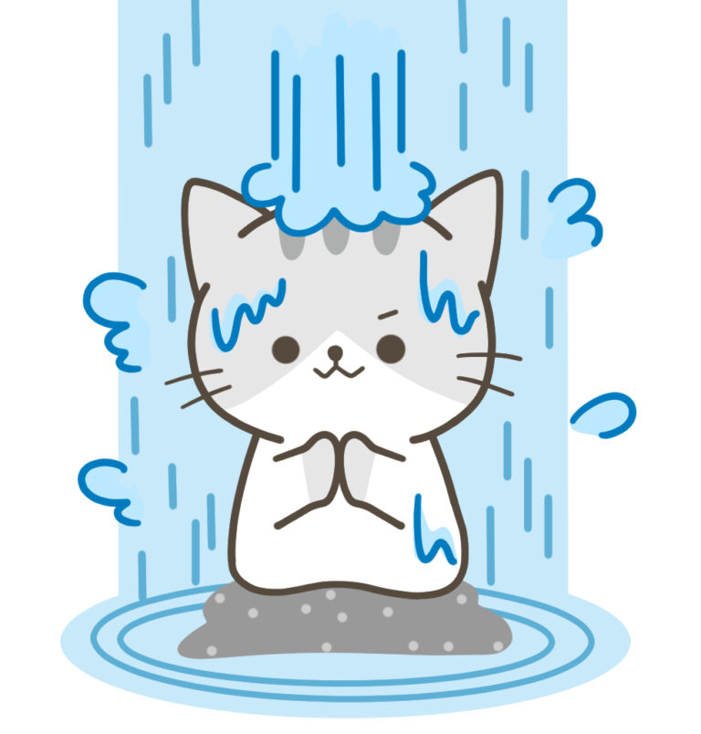 滝にうたれる、かわいい猫イラスト