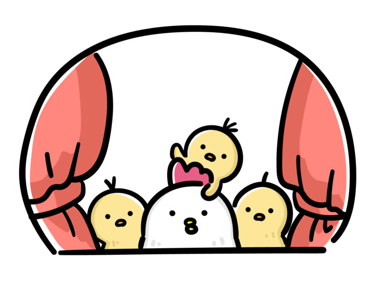 窓から覗くにわとりファミリーのイラスト