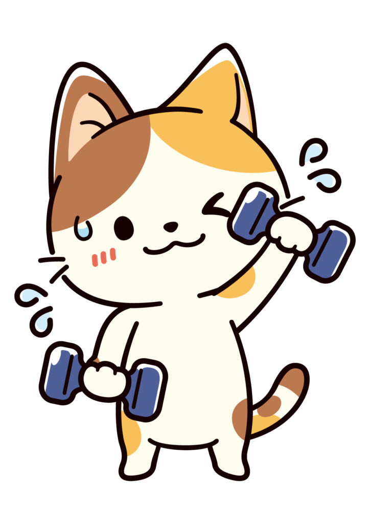 ダンベルで筋トレをしている可愛い三毛猫