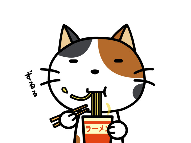 カップラーメンを食べる猫