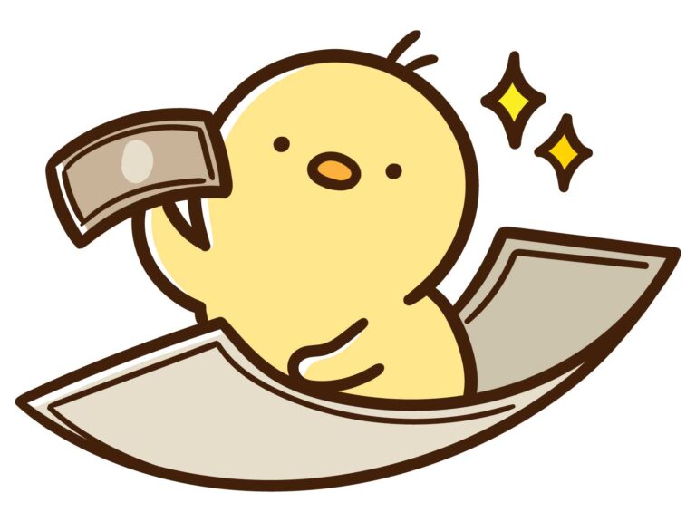 お金の絨毯に乗って紙幣を見せるひよこ
