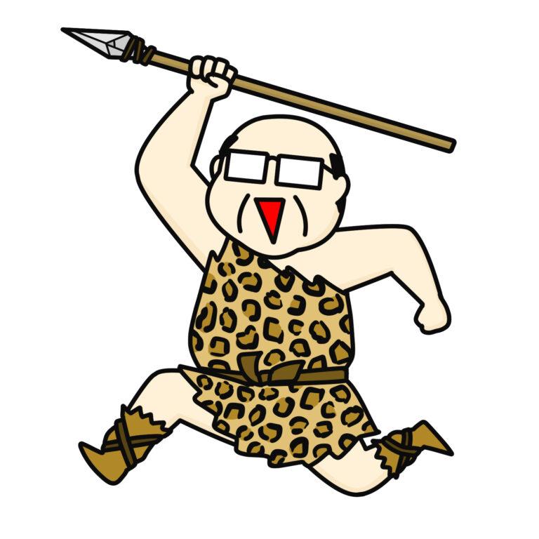槍をもって走る中年原始人男性
