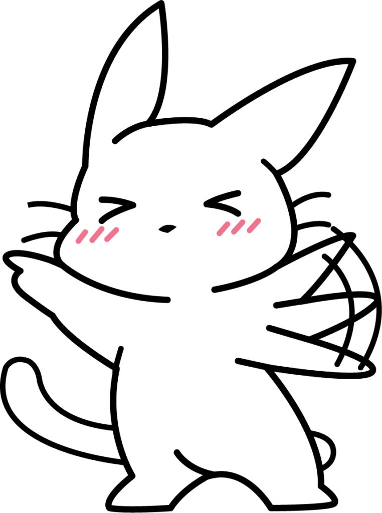 指さしてはしゃぐ 白ねこ