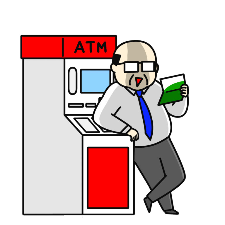ATMとニヤリとする中年男性