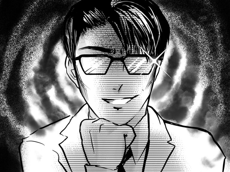 漫画怪しい医師頬杖つき不気味にほくそ笑む