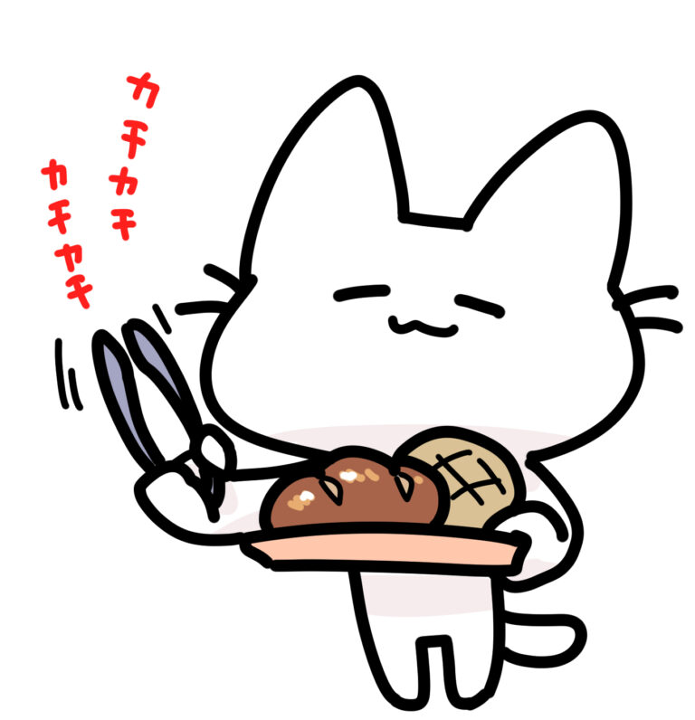ゆるいネコがパン屋でトングカチカチ