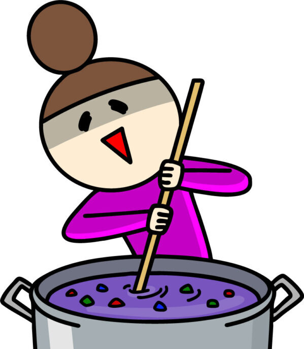 あやしい鍋をかきまぜるおだんごの女性