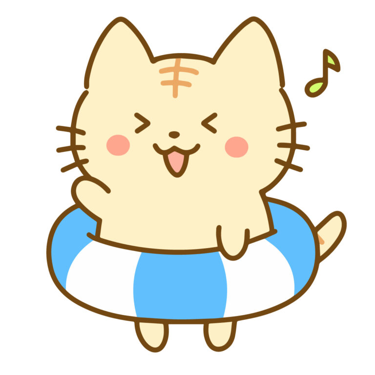 うきわをつけて嬉しそうなトラ猫