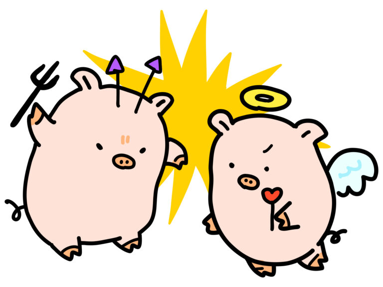 喧嘩する悪魔と天使(豚)