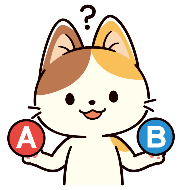 AとBを天秤にかけて悩む可愛い三毛猫