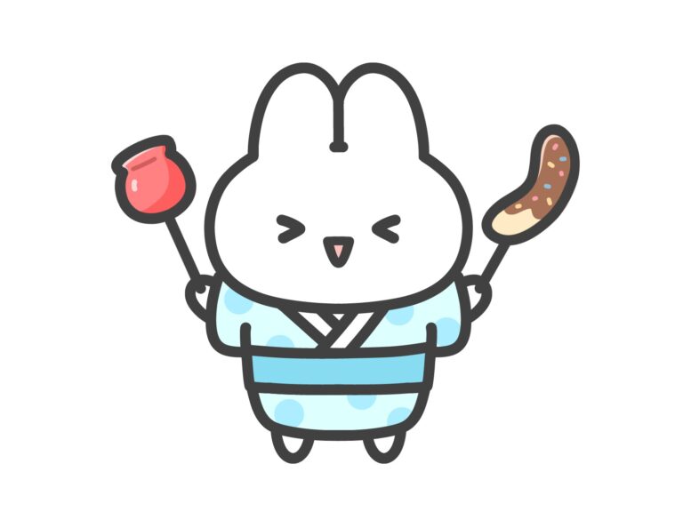 浴衣で夏祭りを楽しむうさぎのイラスト