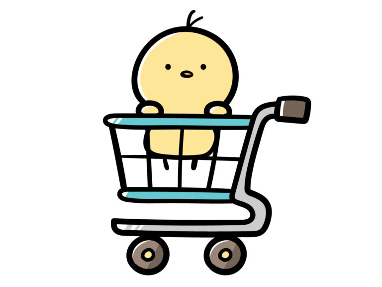 カートに乗るひよこのイラスト