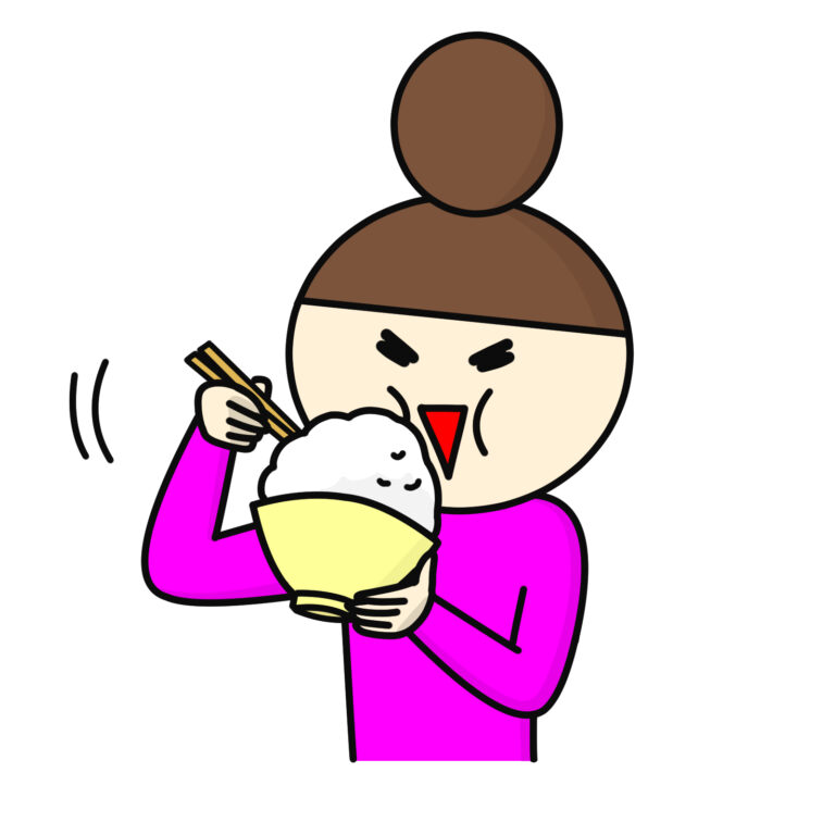 山盛りのどんぶり飯を食べるおだんご女性