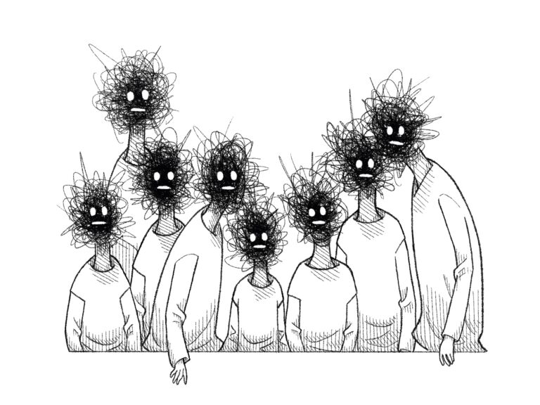 ペン画 群衆 黒い 視線
